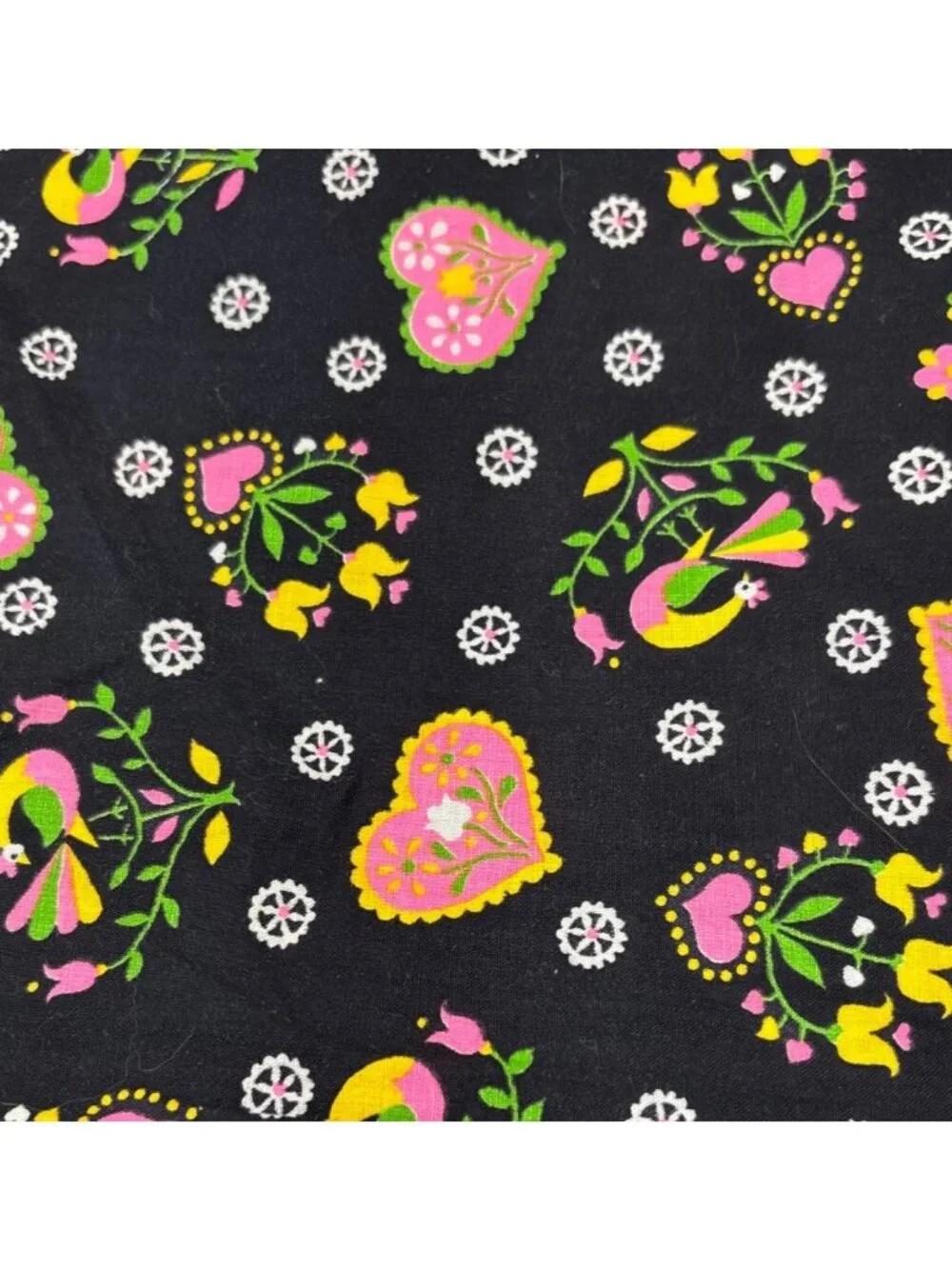 Black Cotton Fabric Colorful Bird Heart Design 1/2 yard x 44